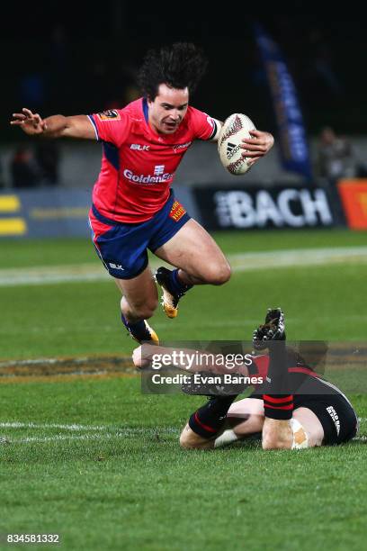James Lowe of Tasman is tackled during the during the Mitre 10 Cup round one match between Tasman and Canterbury at Trafalgar Park on August 18, 2017...