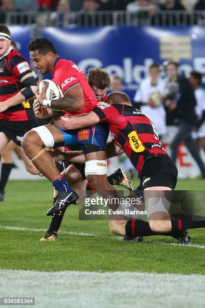 Shannon Frizell of Tasman is tackled during the during the Mitre 10 Cup round one match between Tasman and Canterbury at Trafalgar Park on August 18,...