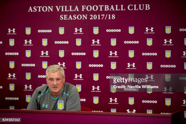 Steve Bruce manager of Aston Villa talks to the press during a press conference at the club's training ground at Bodymoor Heath on August 18, 2017 in...