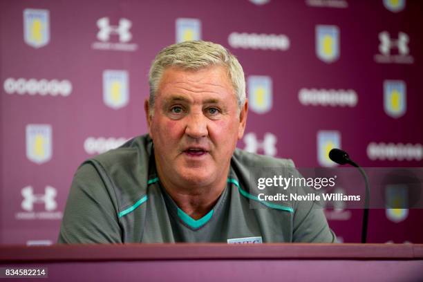 Steve Bruce manager of Aston Villa talks to the press during a press conference at the club's training ground at Bodymoor Heath on August 18, 2017 in...