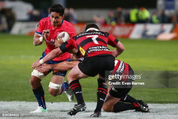 Pete Samu of Tasman tries to break the defence during the during the Mitre 10 Cup round one match between Tasman and Canterbury at Trafalgar Park on...