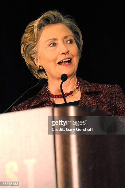 Senator Hillary Clinton addresses invited guests at the 38th Feminist Press "Women Write The World" gala at the Grand Hyatt on October 27, 2008 in...
