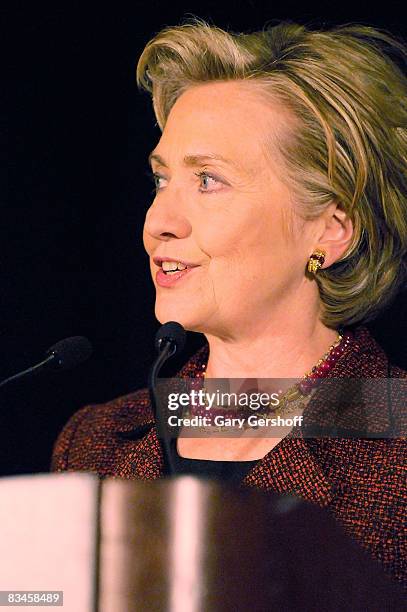 Senator Hillary Clinton addresses invited guests at the 38th Feminist Press "Women Write The World" gala at the Grand Hyatt on October 27, 2008 in...