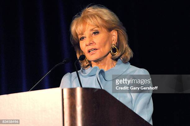 Personality Barbara Walters addresses invited guests at the 38th Feminist Press "Women Write The World" gala at the Grand Hyatt on October 27, 2008...