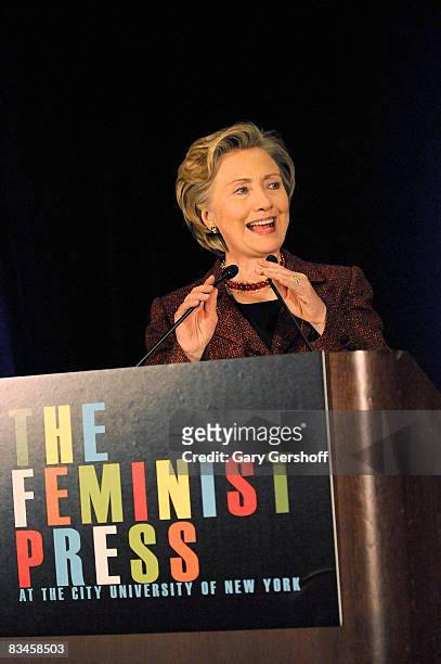 Senator Hillary Clinton addresses invited guests at the 38th Feminist Press "Women Write The World" gala at the Grand Hyatt on October 27, 2008 in...