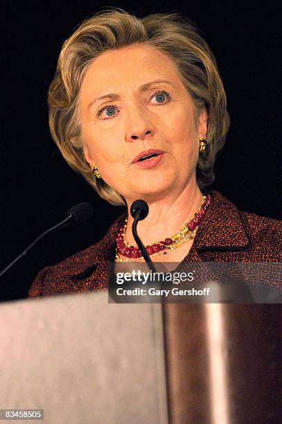 Senator Hillary Clinton addresses invited guests at the 38th Feminist Press "Women Write The World" gala at the Grand Hyatt on October 27, 2008 in...