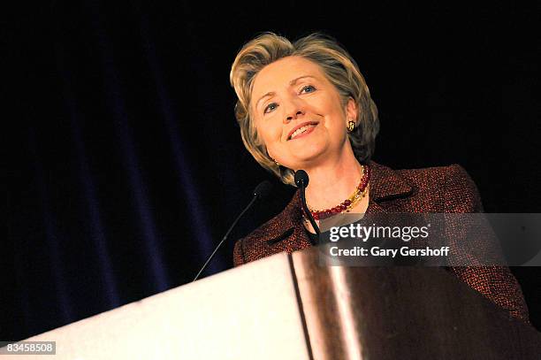 Senator Hillary Clinton addresses invited guests at the 38th Feminist Press "Women Write The World" gala at the Grand Hyatt on October 27, 2008 in...