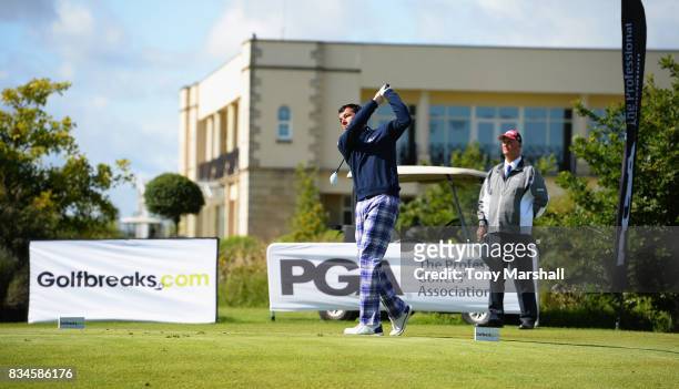 Richard O'Hanlon of St Kew Golf Club plays his first shot on the 1st tee during the Golfbreaks.com PGA Fourball Championship - Day 3 at Whittlebury...