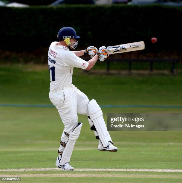 Lancashire's Andrew Flintoff hits out during the Second XI County Championship match at Alderley Edge, Cheshire.