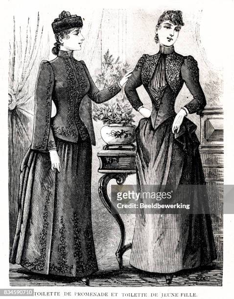 fashion magazine engraving with two dresses from 1889 - form fitted dress stock illustrations