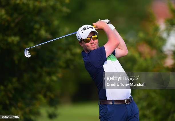 Daniel Beattie of Deer Park Hotel Golf & Spa plays his first shot on the 1st tee during the Golfbreaks.com PGA Fourball Championship - Day 3 at...