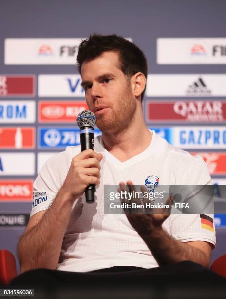 Kai 'Deto' Wollin of Germany talks during a press conference during day three of the FIFA Interactive World Cup 2017 Grand Final at Central Hall...