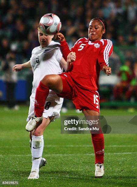 Alyscha Mottershead of Canada and sarah McLaughlin of New Zealand in action during the FIFA U-17 Women`s World Cup match between New Zealand and...