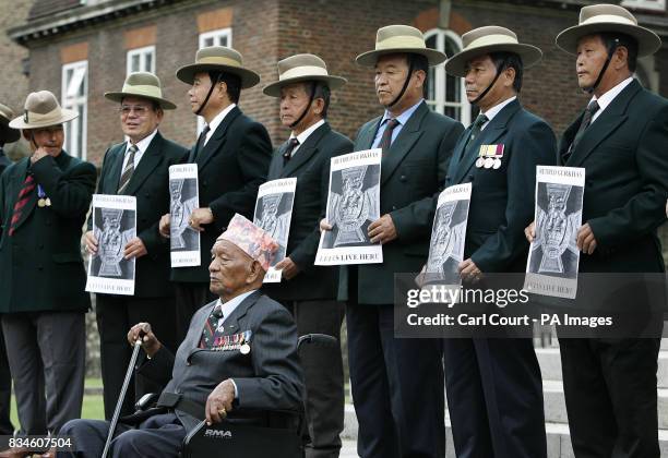 Year-old retired Gurkha Regimental Sergeant Major Pun Tulbahadur with other former Gurkhas outside Downing Street to return a number of medals in...