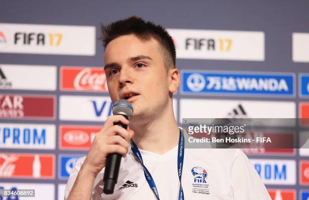 Florian 'Codyderfinisher' Muller of Germany talks during a press conference during day three of the FIFA Interactive World Cup 2017 Grand Final at...