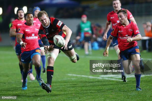 Mitchell Dunshea of Canterbury juggles the ball during the during the Mitre 10 Cup round one match between Tasman and Canterbury at Trafalgar Park on...
