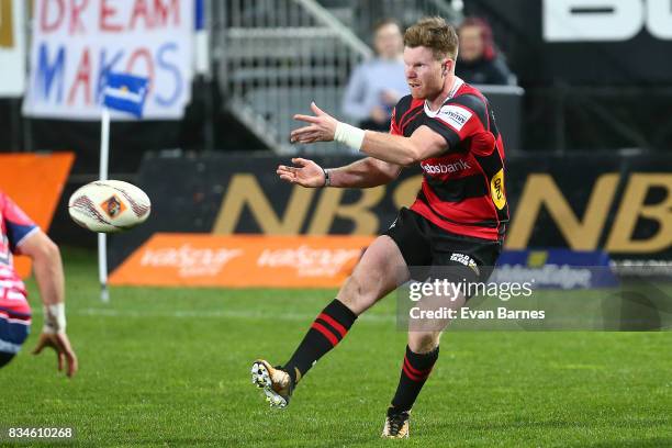 Mitchell Drummond of Canterbury feeds his backline during the during the Mitre 10 Cup round one match between Tasman and Canterbury at Trafalgar Park...