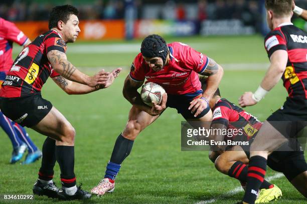 Trael Joass of Tasman is tackled during the during the Mitre 10 Cup round one match between Tasman and Canterbury at Trafalgar Park on August 18,...