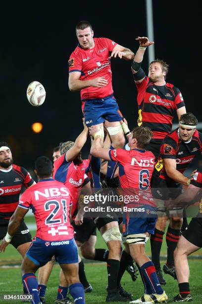 Alex Anley of Tasman gets his lineout ball during the during the Mitre 10 Cup round one match between Tasman and Canterbury at Trafalgar Park on...