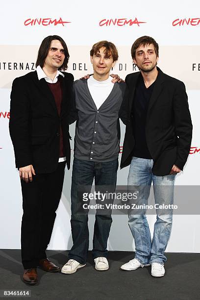 Actors Guillaume Quatravaux, Julien Baumgartner and Lorant Deutsch attends the 'The Joy Of Singing' photocall during the 3rd Rome International Film...