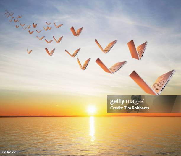 laptops flying over sea at sunset - action laptop stock pictures, royalty-free photos & images