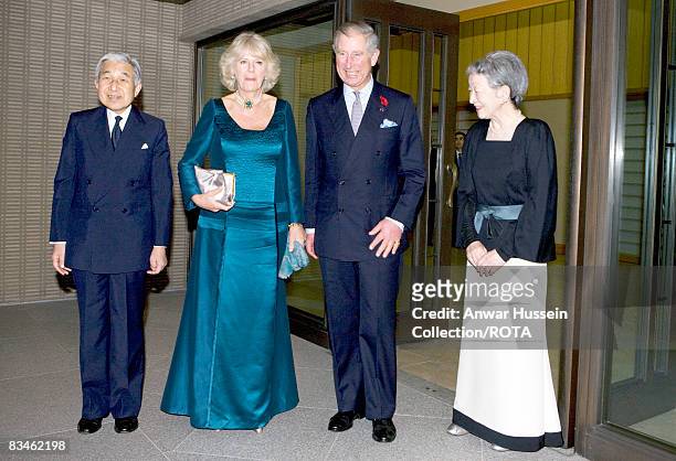 Prince Charles, Prince of Wales and Camilla, Duchess of Cornwall attend a dinner with Emperor Akihito and Empress Michiko at the Imperial Palace on...