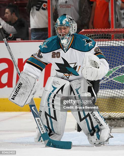 Evgeni Nabokov of the San Jose Sharks tends net in warmups prior to the game against the Philadelphia Flyers on October 22, 2008 at the Wachovia...