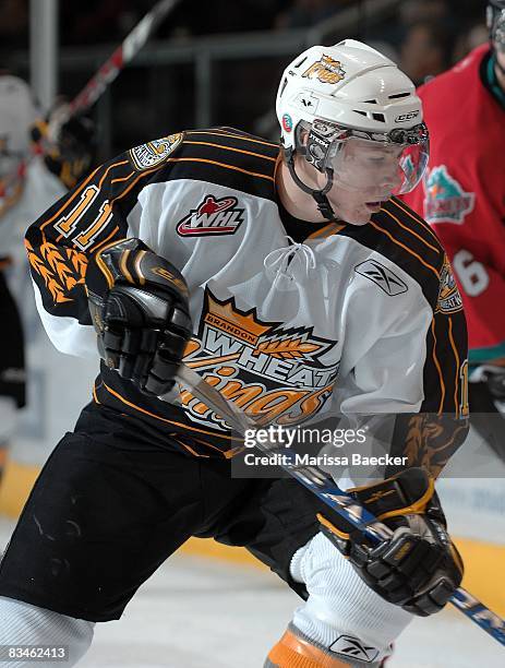 Matt Calvert of the Brandon Wheat Kings skates on the ice against the Kelowna Rockets on October 25, 2008 at Prospera Place in Kelowna, Canada.