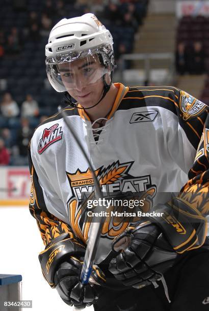 Paul Ciarelli of the Brandon Wheat Kings leaves the ice after warm up against the Kelowna Rockets on October 25, 2008 at Prospera Place in Kelowna,...