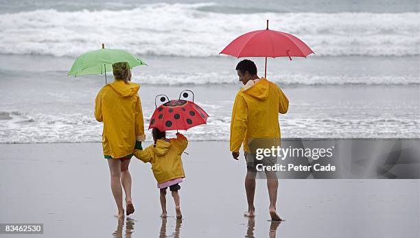 family playing on beach - rainy beach stock pictures, royalty-free photos & images
