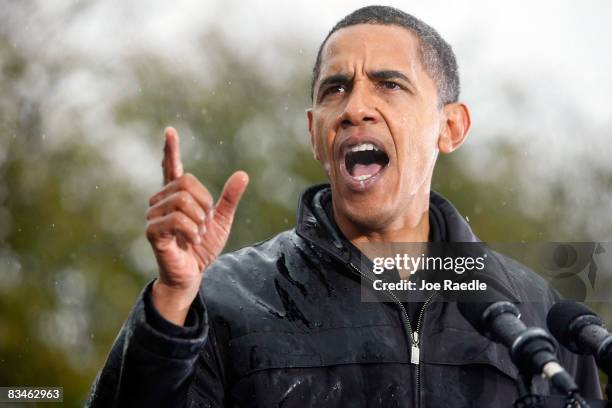 Democratic presidential nominee U.S. Sen. Barack Obama speaks in the rain during a campaign rally at Widener University Main Quad October 28, 2008 in...