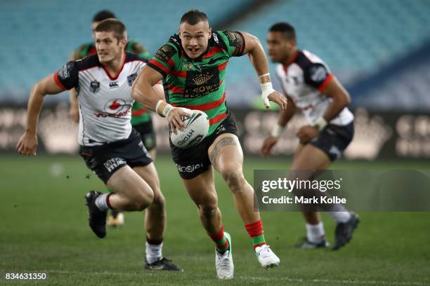 Tyrell Fuimaono of the Rabbitohs makes break during the round 24 NRL match between the South Sydney Rabbitohs and the New Zealand Warriors at ANZ...