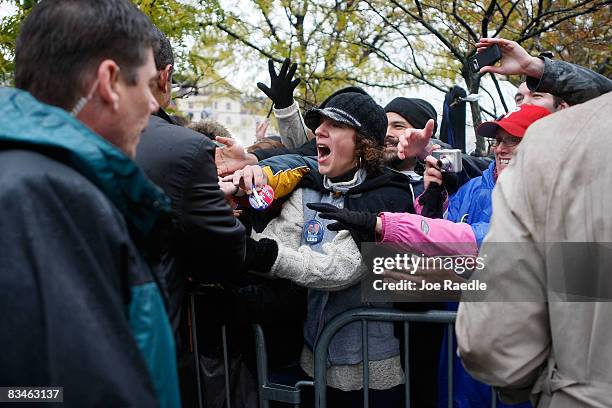 People wait to shake hands with Democratic presidential nominee U.S. Sen. Barack Obama during a campaign rally at Widener University Main Quad...