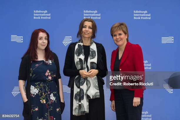 Scottish writer Heather McDaid, Turkish author Elif Shafak and Scotland's First Minister Nicola Sturgeon attend a photocall during the annual...
