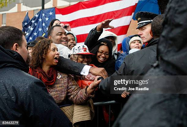 Democratic presidential nominee U.S. Sen. Barack Obama shakes hands with people during a campaign rally at Widener University Main Quad October 28,...