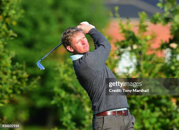 David Griffiths of West Herts Golf Club plays his first shot on the 1st tee during the Golfbreaks.com PGA Fourball Championship - Day 3 at...