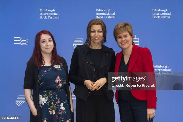 Scottish writer Heather McDaid, Turkish author Elif Shafak and Scotland's First Minister Nicola Sturgeon attend a photocall during the annual...