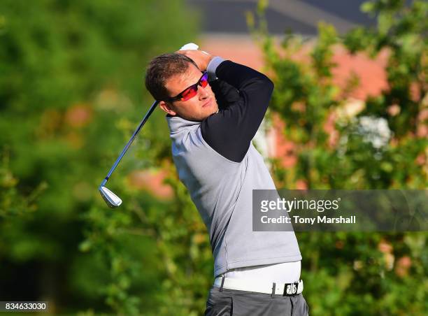 Glen Portelli of Old Fold Manor Golf Club plays his first shot on the 1st tee during the Golfbreaks.com PGA Fourball Championship - Day 3 at...