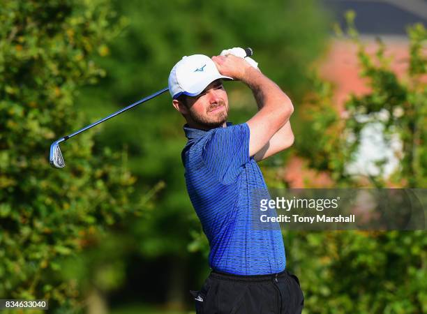 Ben Talbot of Marriott Hanbury Manor Golf Club plays his first shot on the 1st tee during the Golfbreaks.com PGA Fourball Championship - Day 3 at...