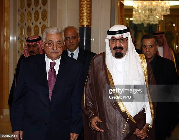 In this handout image provided by the Palestinian Press Office , Palestinian president Mahmoud Abbas meets with King Abdullah bin Abdul Aziz of Saudi...