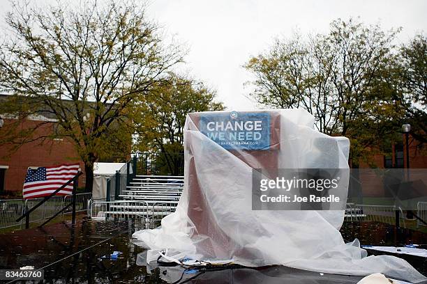 The podium for Democratic presidential nominee U.S. Sen. Barack Obama is covered in plastic after he spoke in the rain during a campaign rally at...