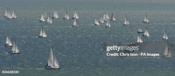 General view of the fleet racing in the JP Morgan Asset Management Round the Island Race in the Solent as seen from the top of the Spinnaker Tower in...