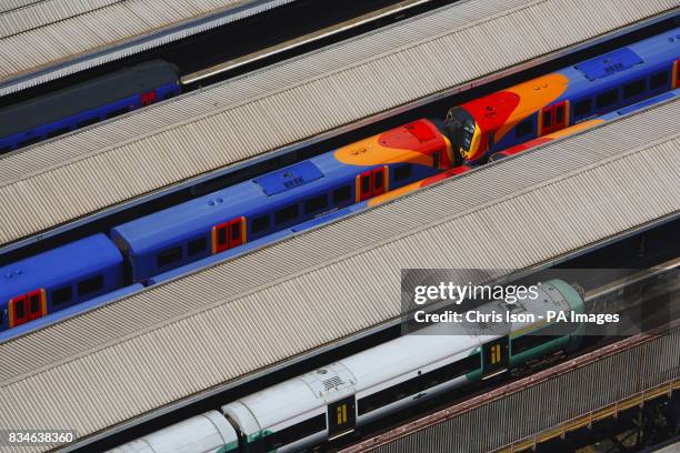 Southern and South West Trains carriages sit at Portsmouth Harbour Station as seen from the top of the Spinnaker Tower in Portsmouth, Hampshire