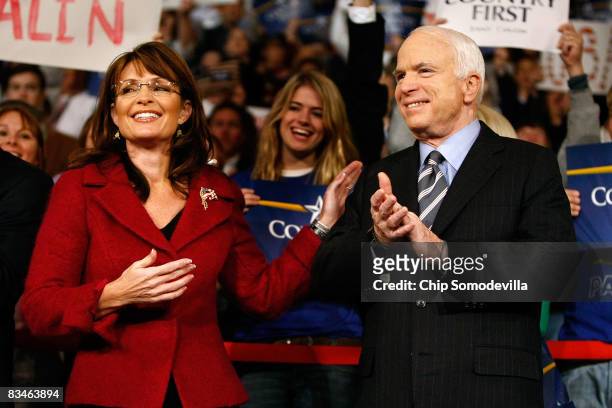Republican presidential nominee Sen. John McCain and his running mate, Alaska Governor Sarah Palin hold a campaign rally at the Giant Center October...