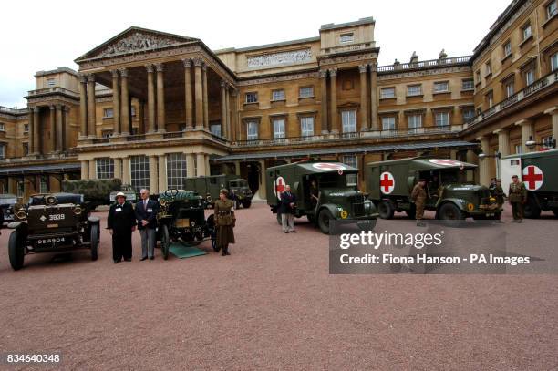 Vintage vehicles used by the First Aid Nursing Yeomanry during WWII, which were assembled in the quadrangle of Buckingham Palace, London.