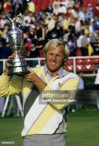 Greg Norman of Australia poses with the trophy after winning the British Open July, 1986 at Turnberry in Scottland.