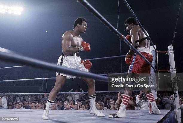 Muhammad ALi in action, against Ron Lyle in a heavyweight fight, May 16, 1975 in Las Vegas, NV.