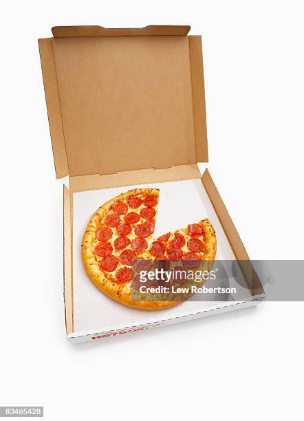 pepperoni pizza in box with missing slice - lost item stock-fotos und bilder