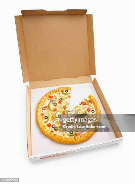 veggie pizza in box with missing slice - onion slice stock pictures, royalty-free photos & images