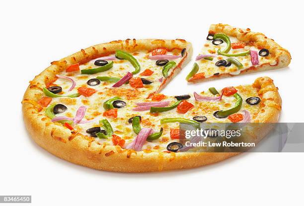 whole veggie pizza with slice - pizza temptation stock pictures, royalty-free photos & images